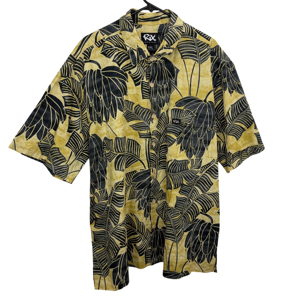 Rix Shirt Mens 2XL Yellow Black Tropical Banana Leaf Print Hawaiian Button Down